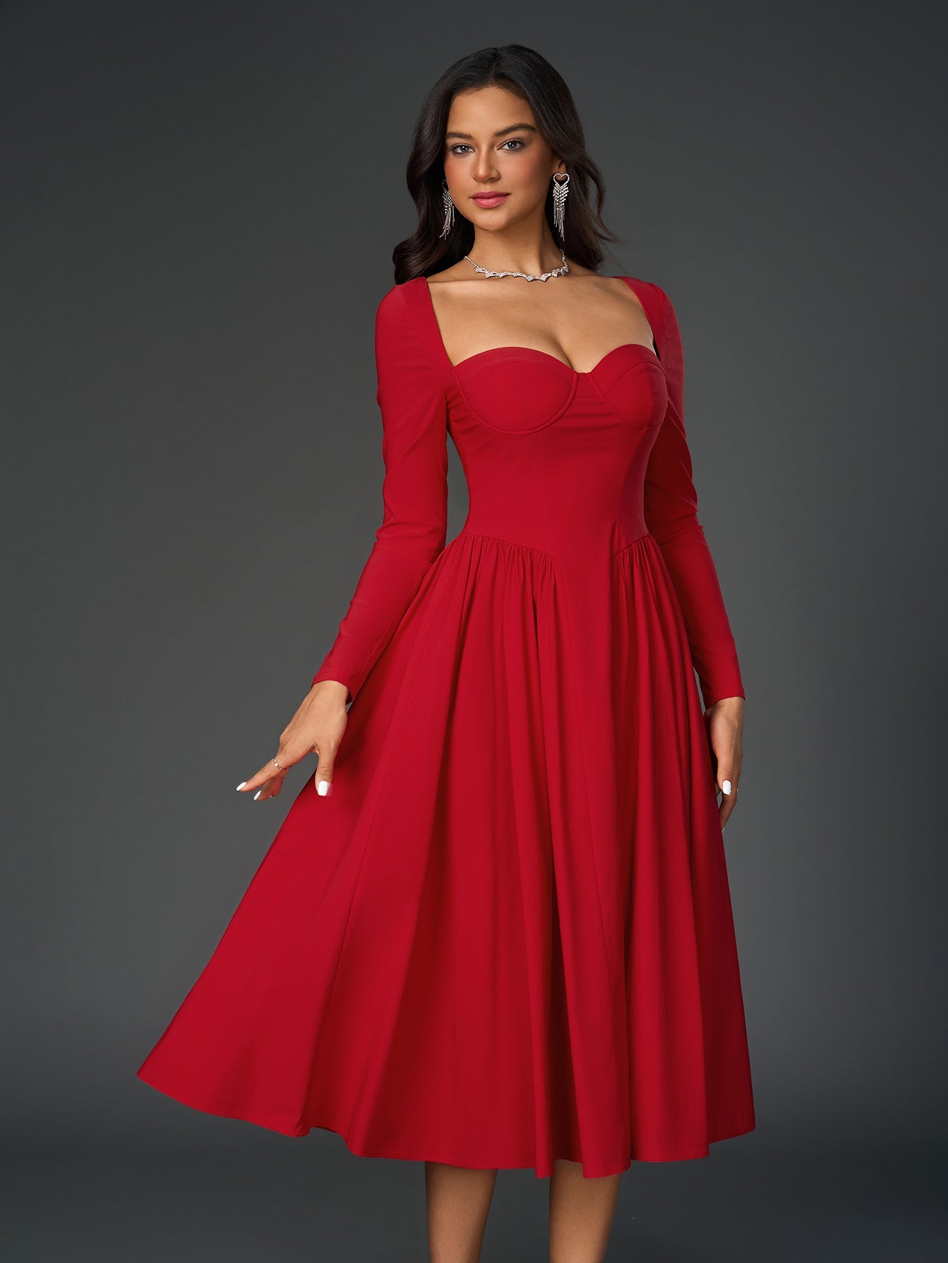 Sexy Solid Square Neck Backless Long Sleeves Ruched Midi Dress