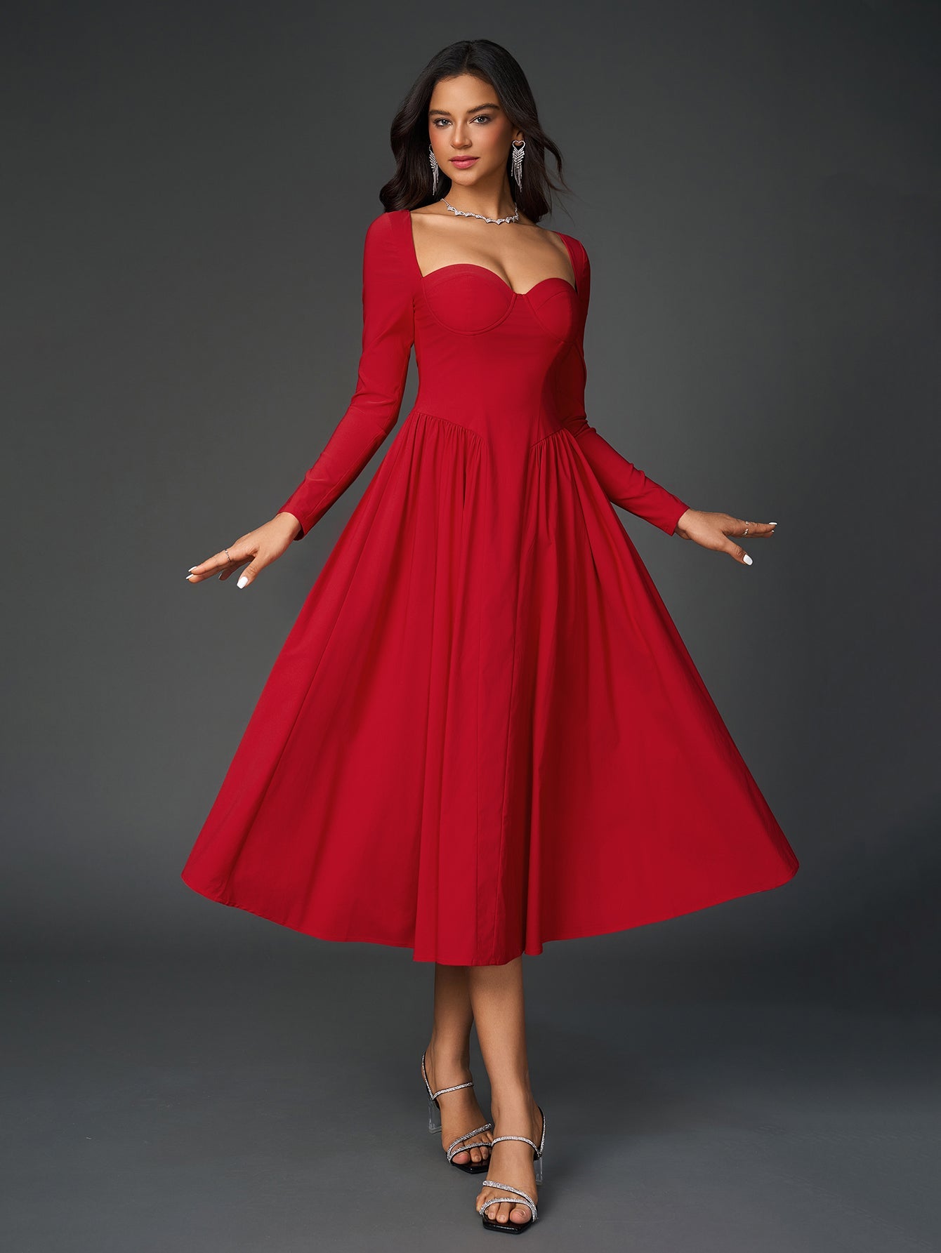Sexy Solid Square Neck Backless Long Sleeves Ruched Midi Dress
