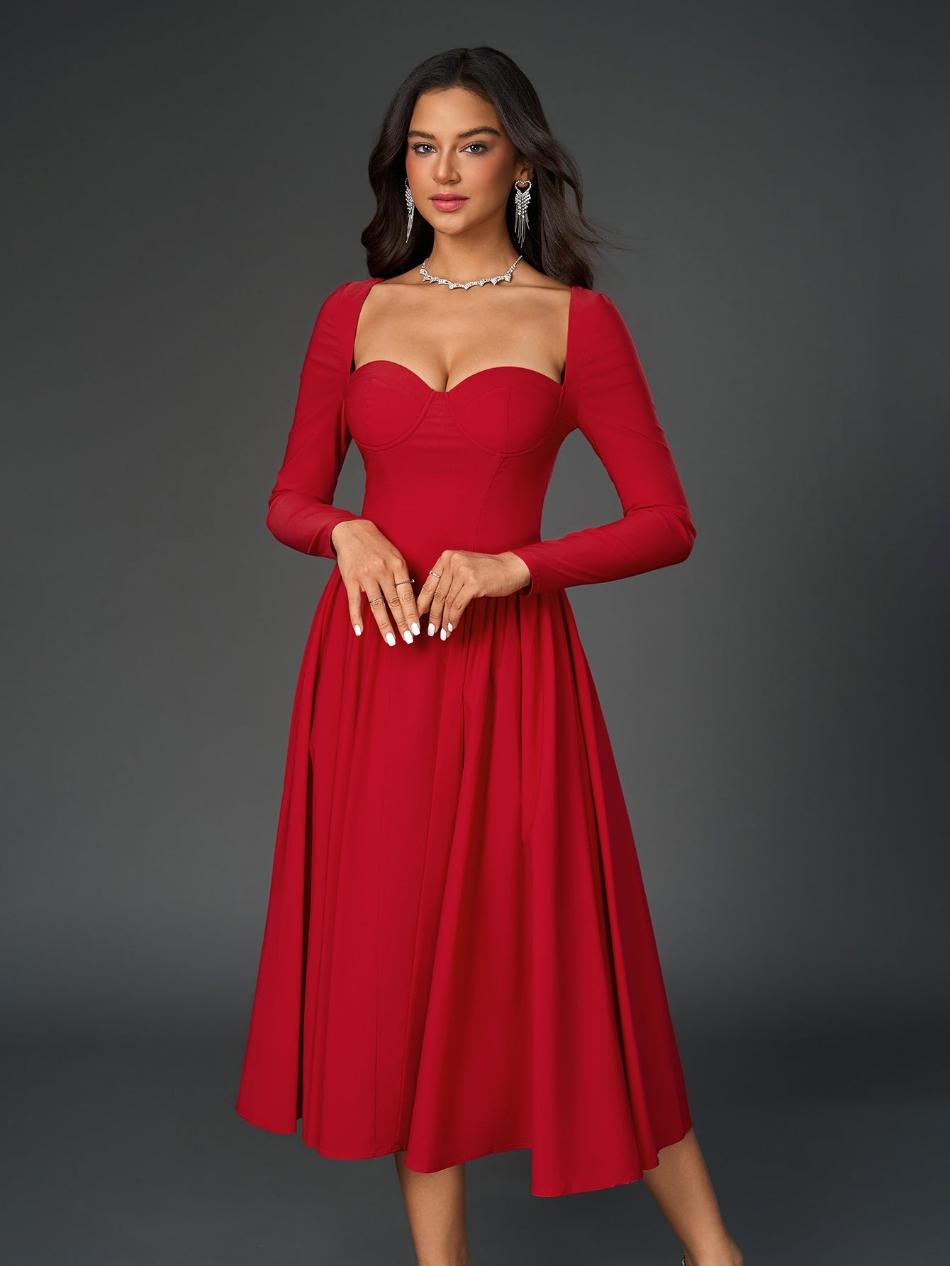 Sexy Solid Square Neck Backless Long Sleeves Ruched Midi Dress