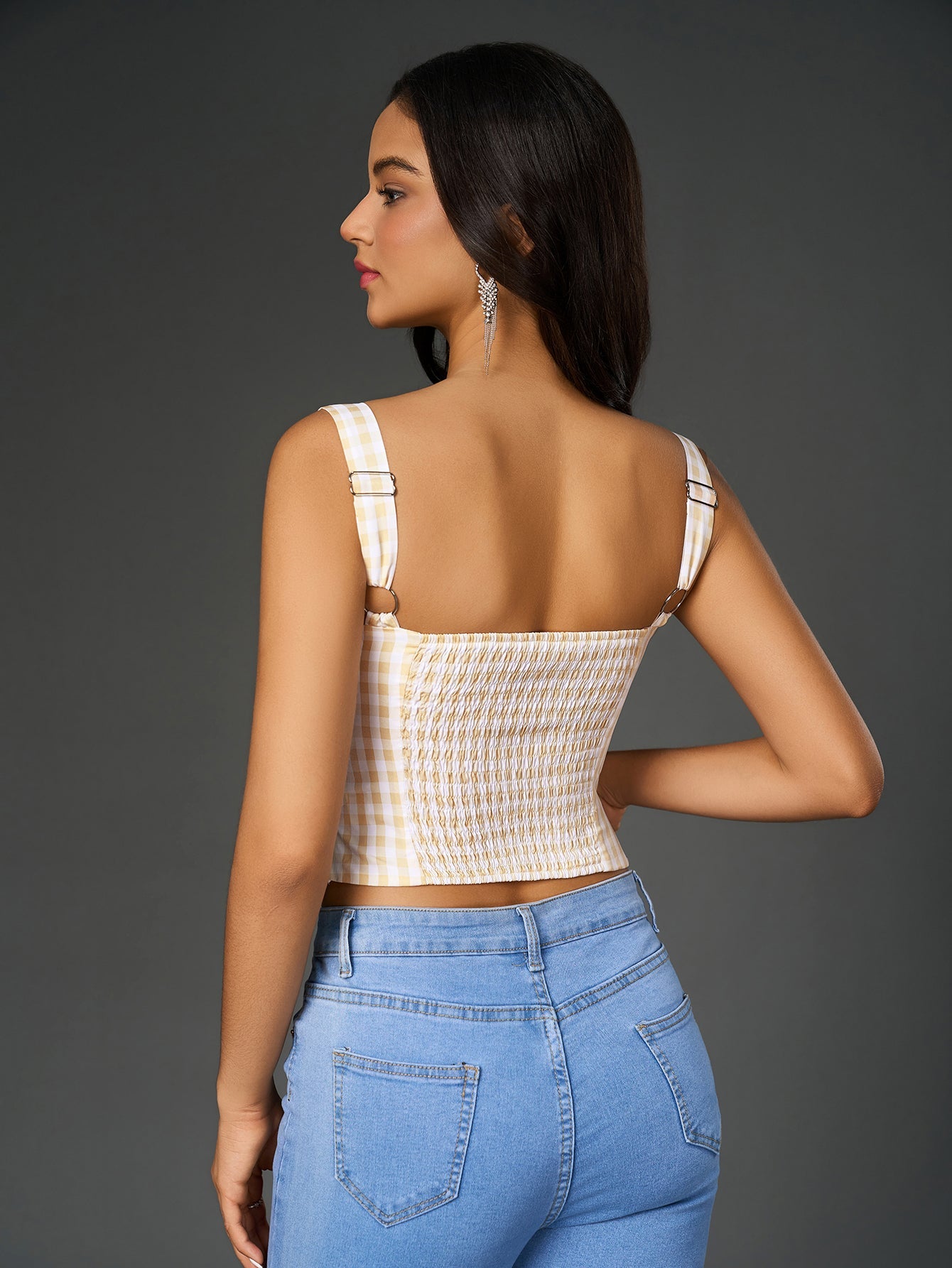 Square Neck Tartan Print Backless Top