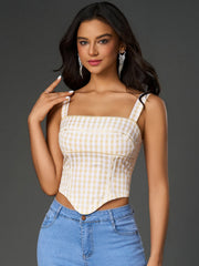Square Neck Tartan Print Backless Top