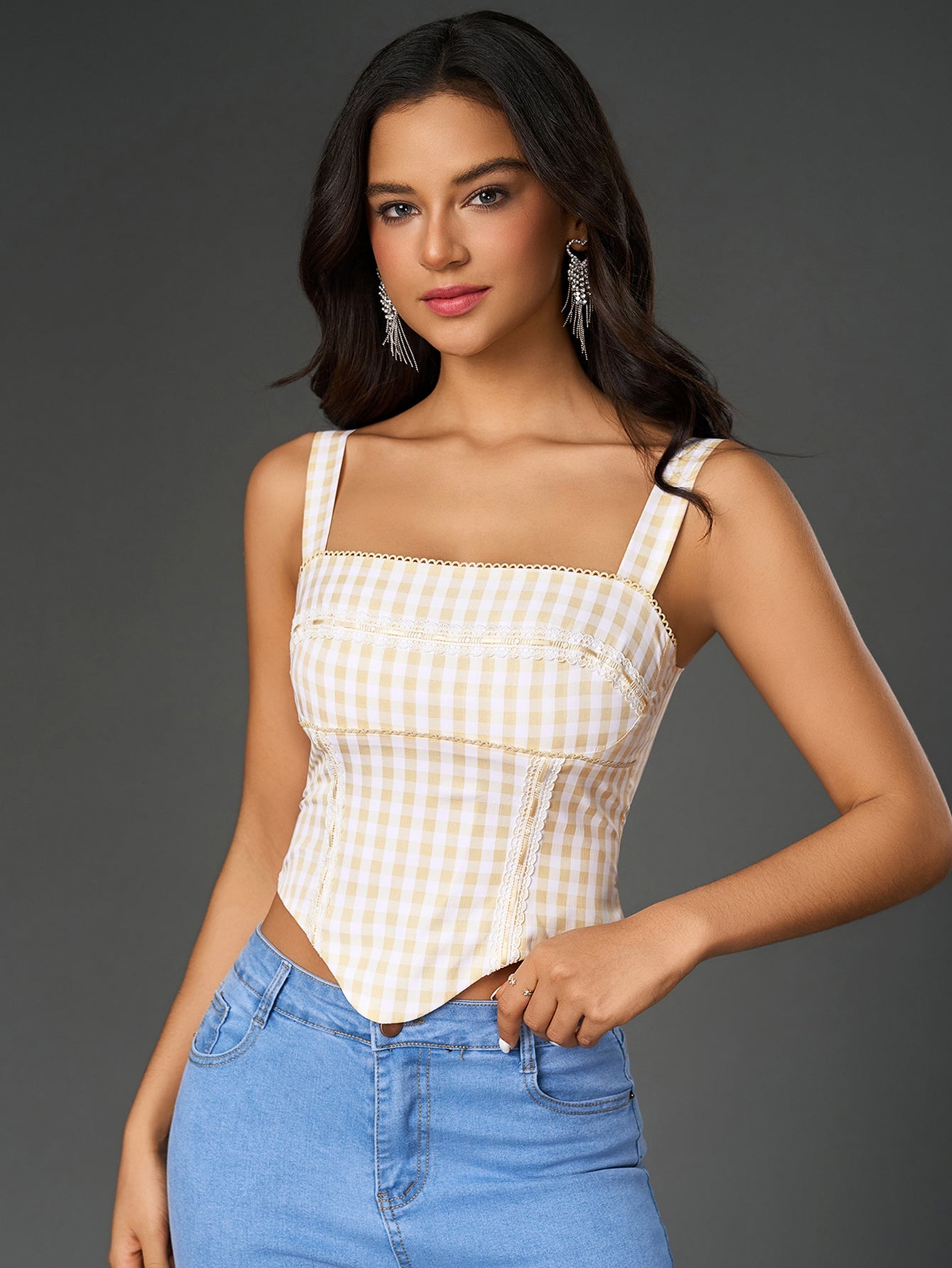 Square Neck Tartan Print Backless Top