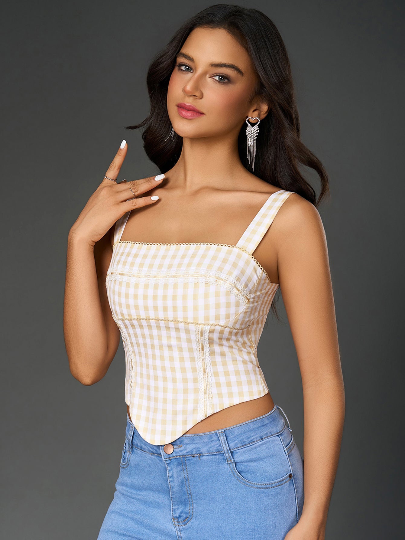 Square Neck Tartan Print Backless Top