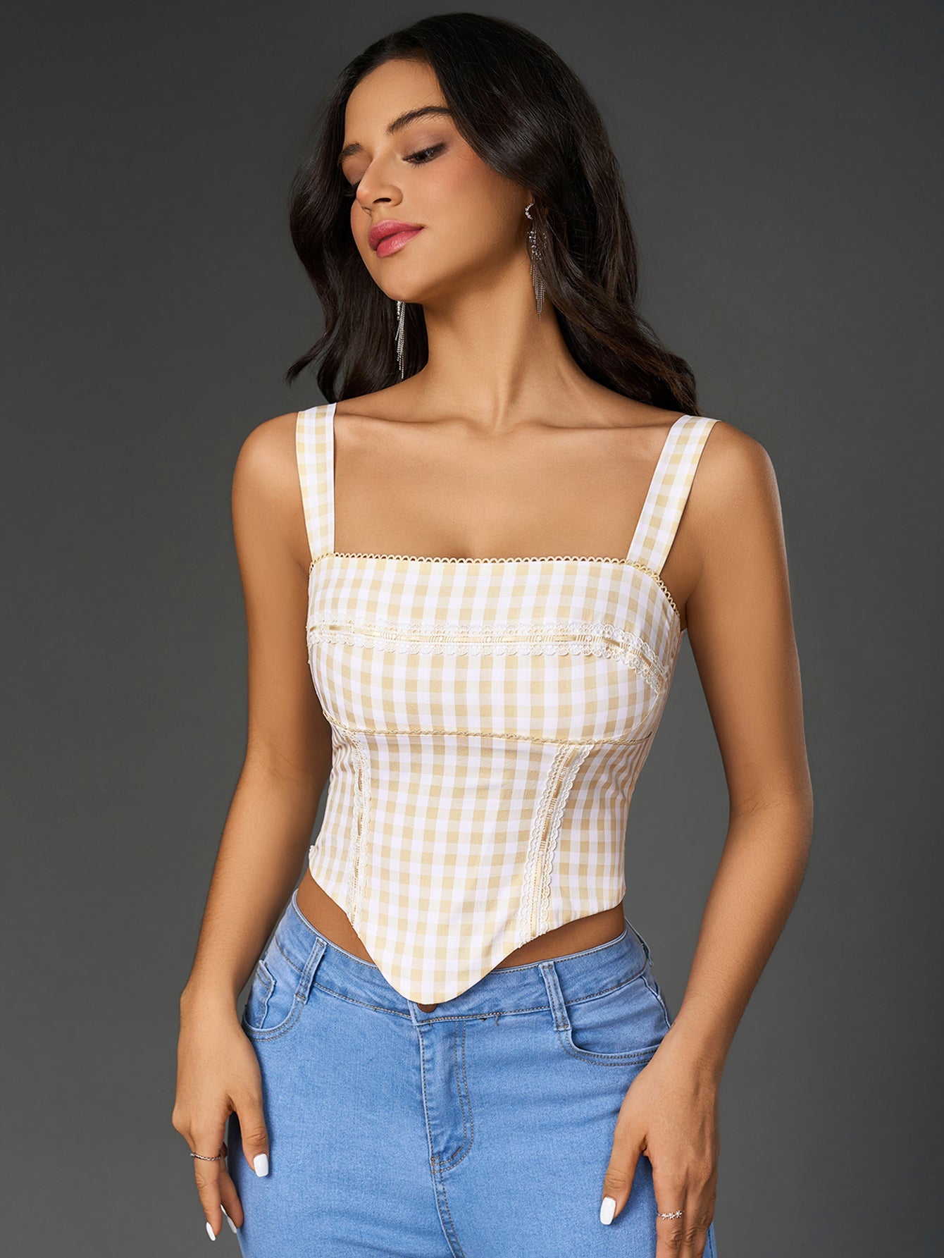 Square Neck Tartan Print Backless Top