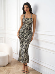 Elegant Floral Printed Sleeveless Backless Halter Neck Bodycon Midi Dress