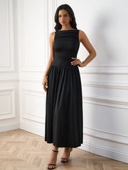 Elegant Solid Sleeveless Ruched Maxi Dress