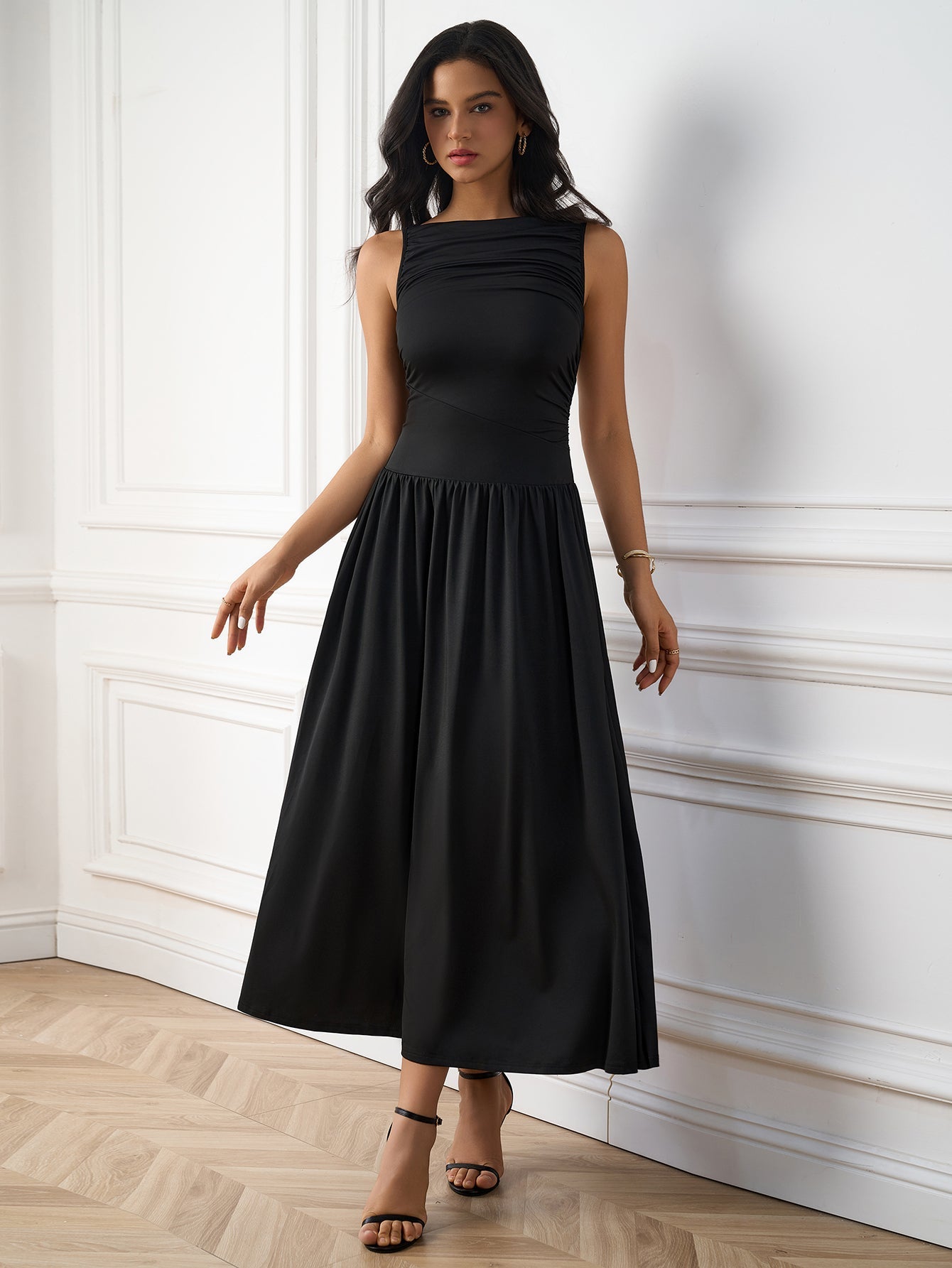 Elegant Solid Sleeveless Ruched Maxi Dress