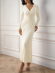 Knitted V-Neck Long Sleeves Bodycon Maxi Dress