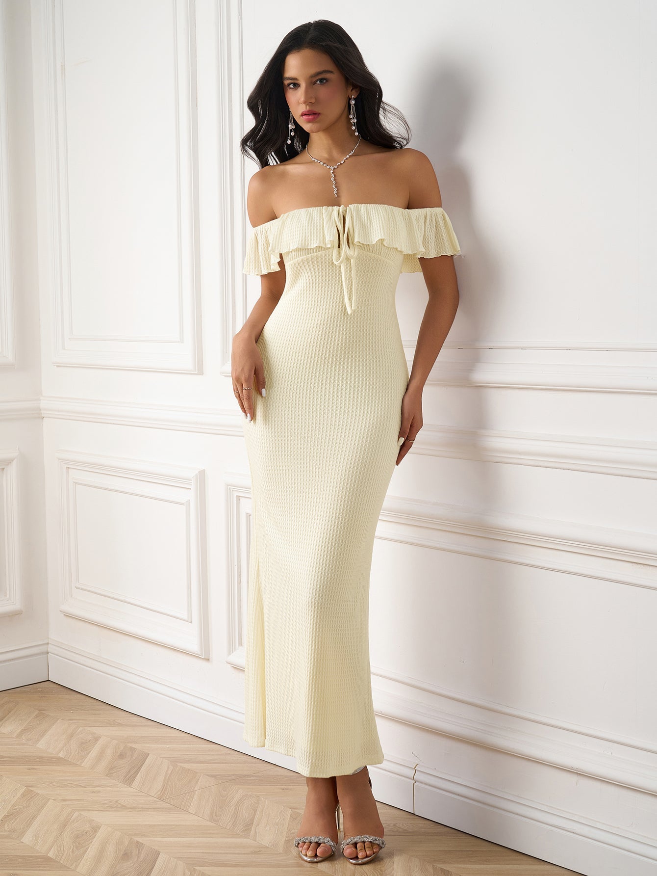 Knitted Off-Shoulder Ruched Bodycon Maxi Dress