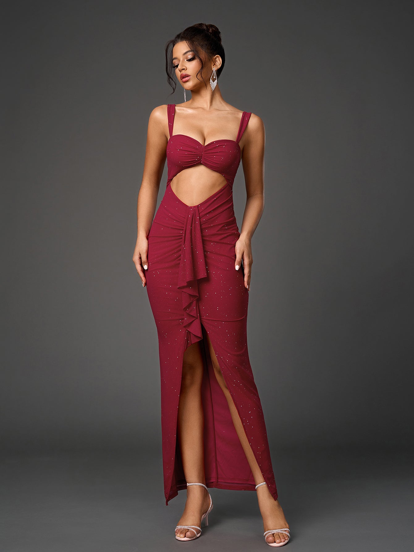 Sparkly Sleeveless Backless Cut-Out Ruched Bodycon Dress
