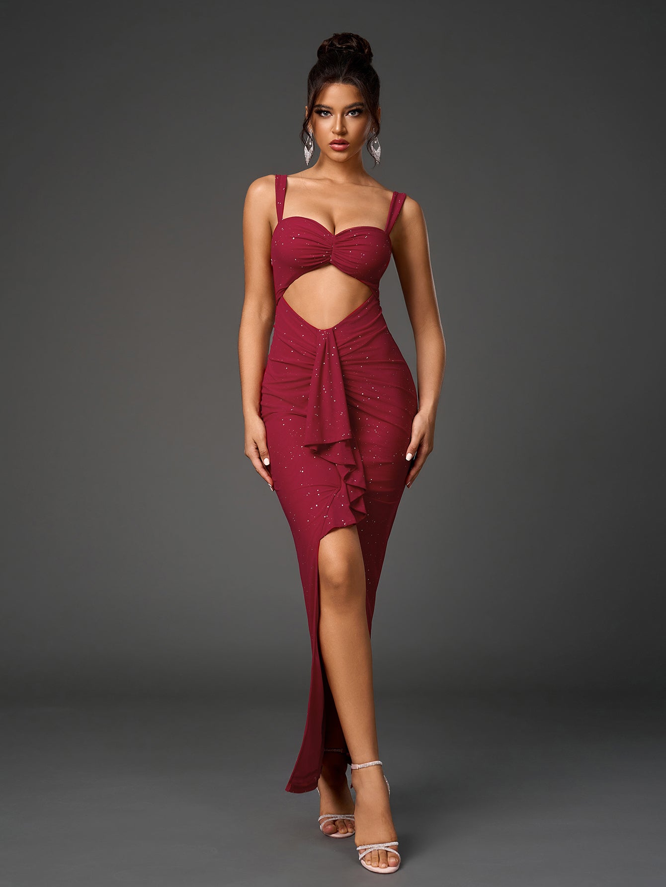 Sparkly Sleeveless Backless Cut-Out Ruched Bodycon Dress