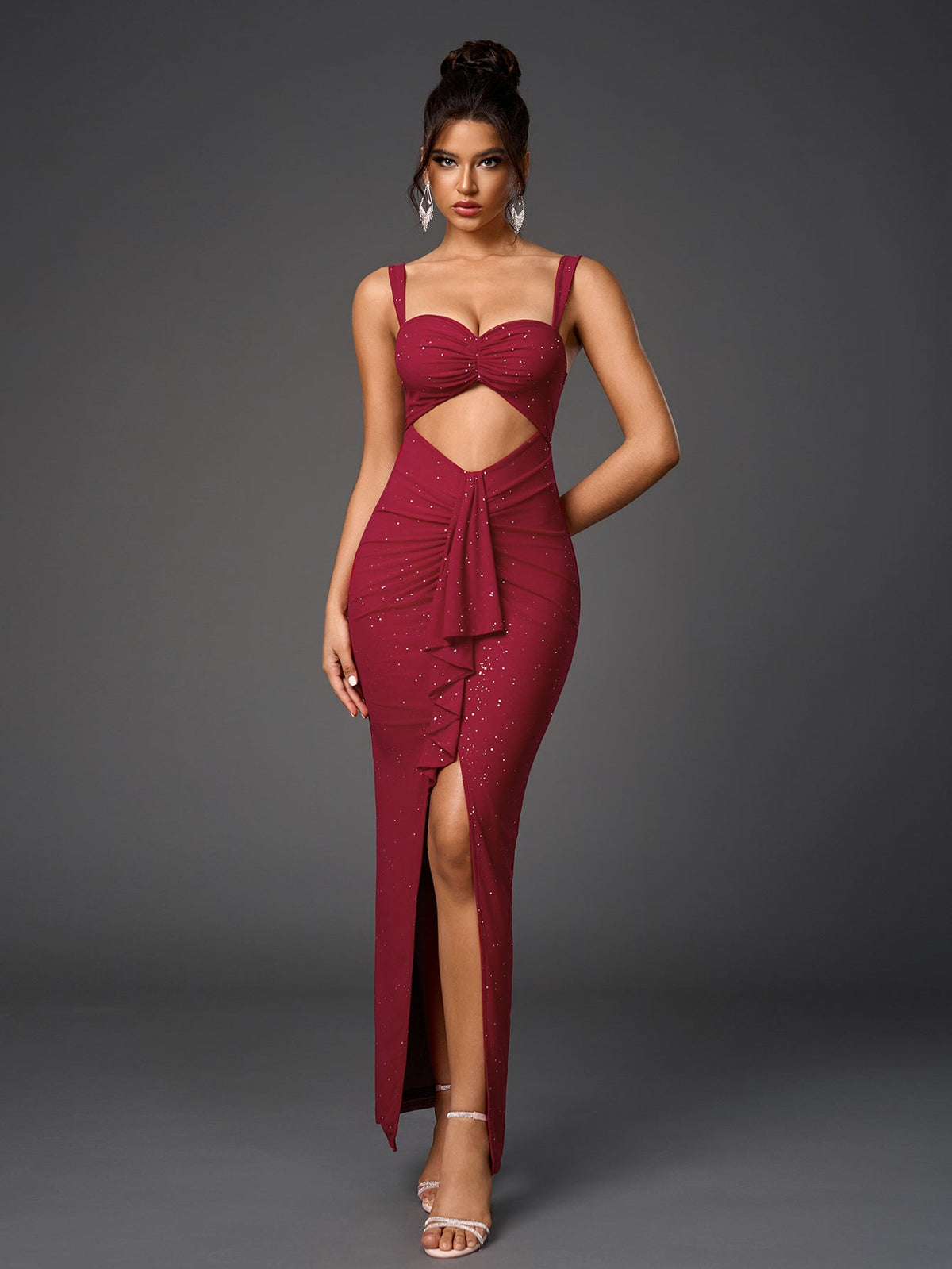 Sparkly Sleeveless Backless Cut-Out Ruched Bodycon Dress