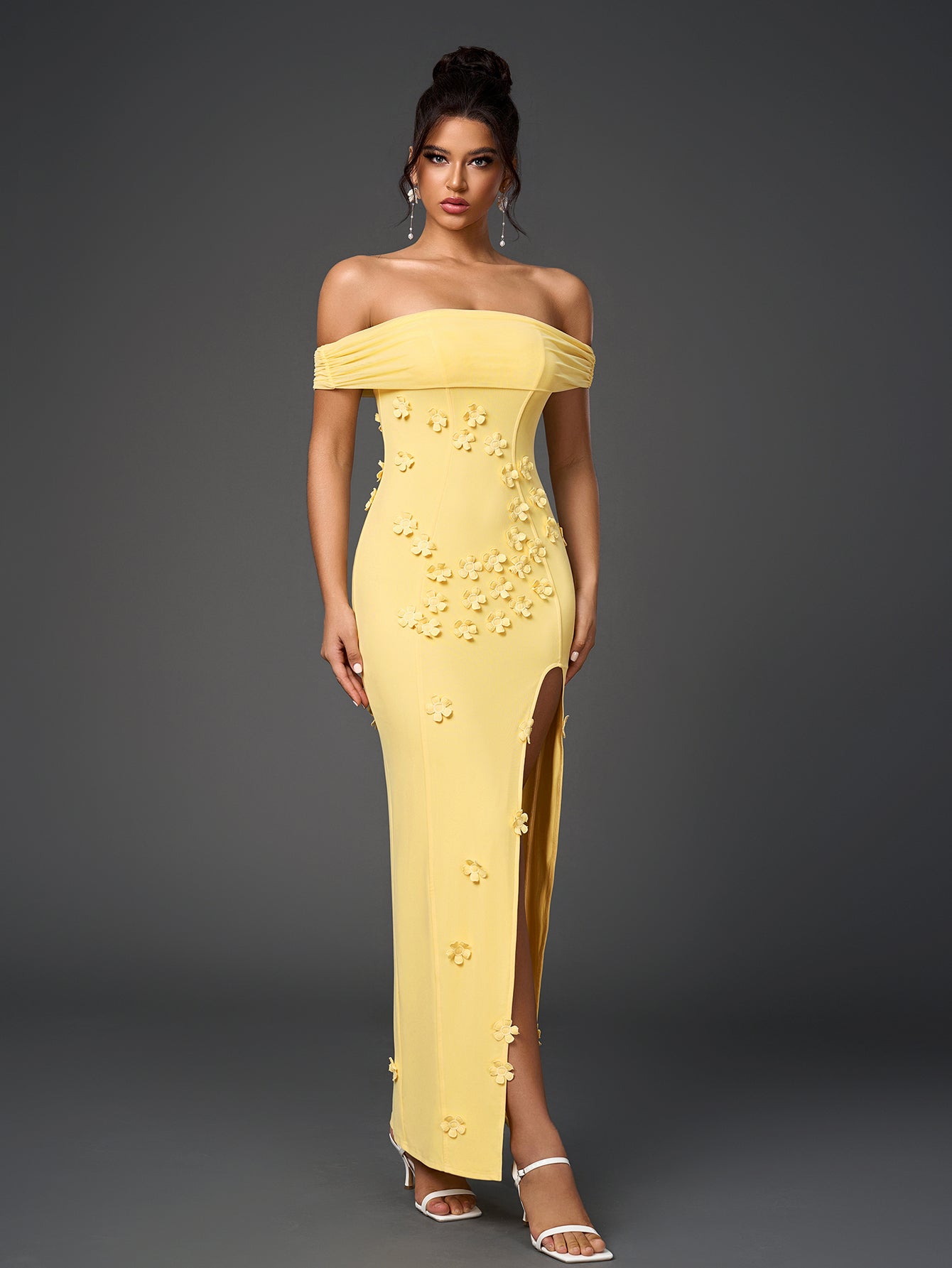 Three-Dimensional Flowers Embellished Mesh Off-Shoulder Maxi Dress