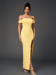 Three-Dimensional Flowers Embellished Mesh Off-Shoulder Maxi Dress