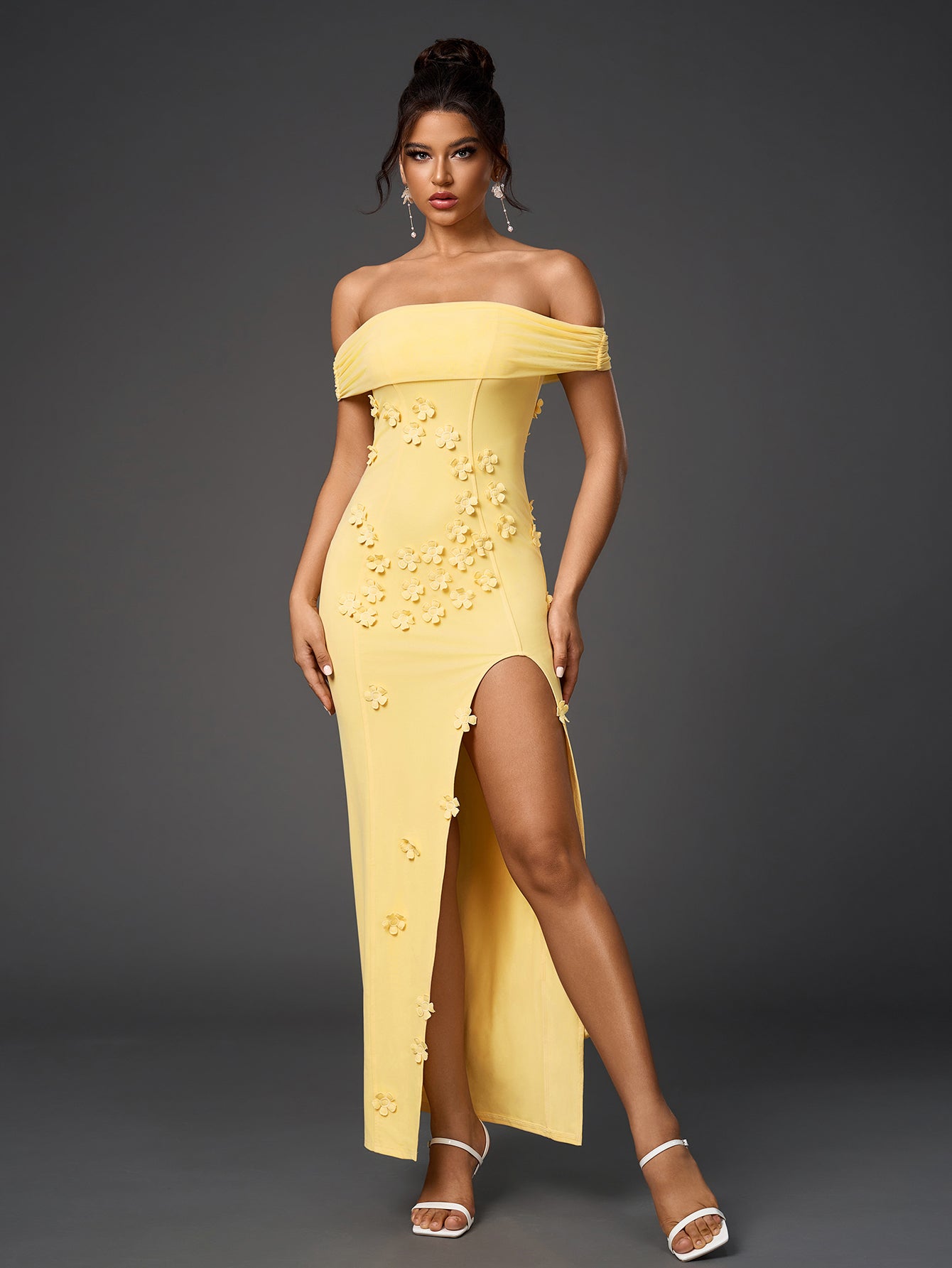 Three-Dimensional Flowers Embellished Mesh Off-Shoulder Maxi Dress