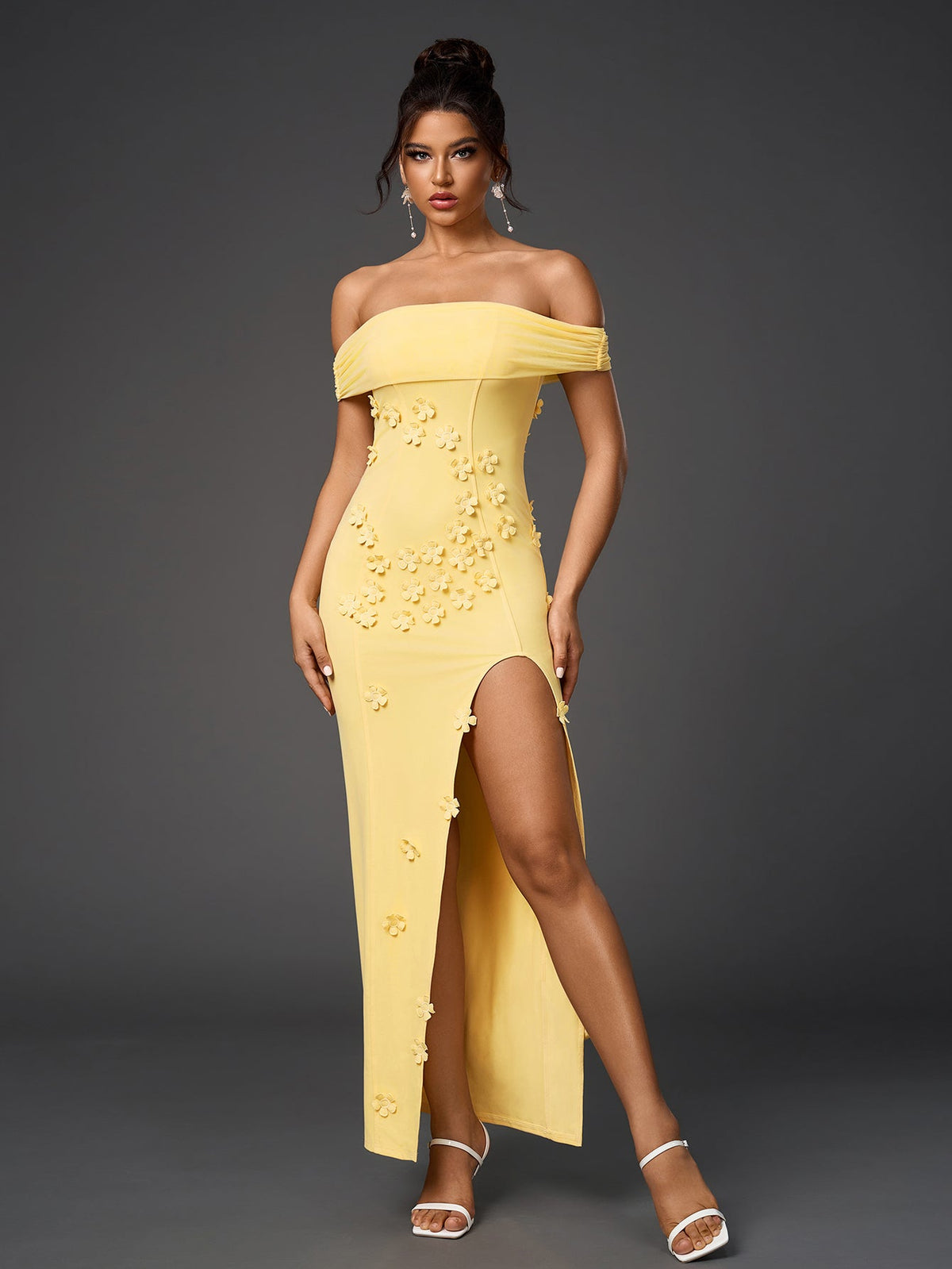 Three-Dimensional Flowers Embellished Mesh Off-Shoulder Maxi Dress