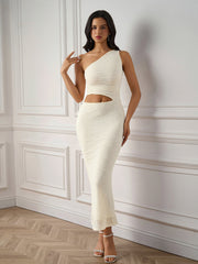 Sexy Solid One-Shoulder Cut Out Bodycon Midi Dress