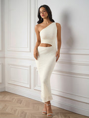 Sexy Solid One-Shoulder Cut Out Bodycon Midi Dress