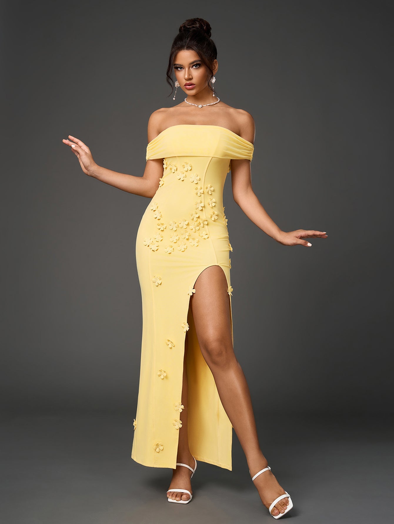 Three-Dimensional Flowers Embellished Mesh Off-Shoulder Maxi Dress