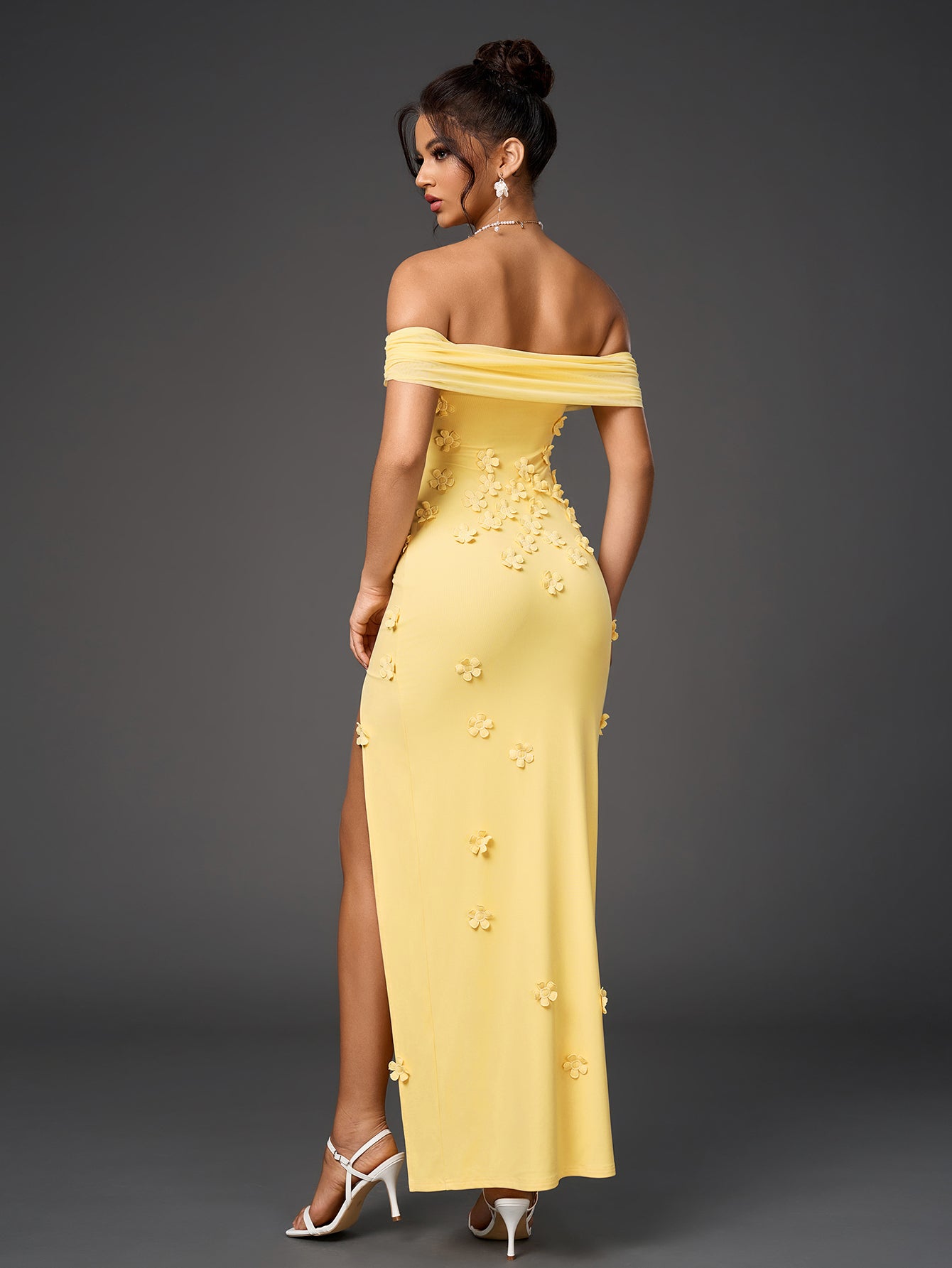 Three-Dimensional Flowers Embellished Mesh Off-Shoulder Maxi Dress