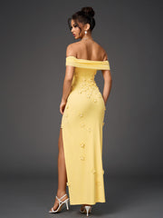 Three-Dimensional Flowers Embellished Mesh Off-Shoulder Maxi Dress