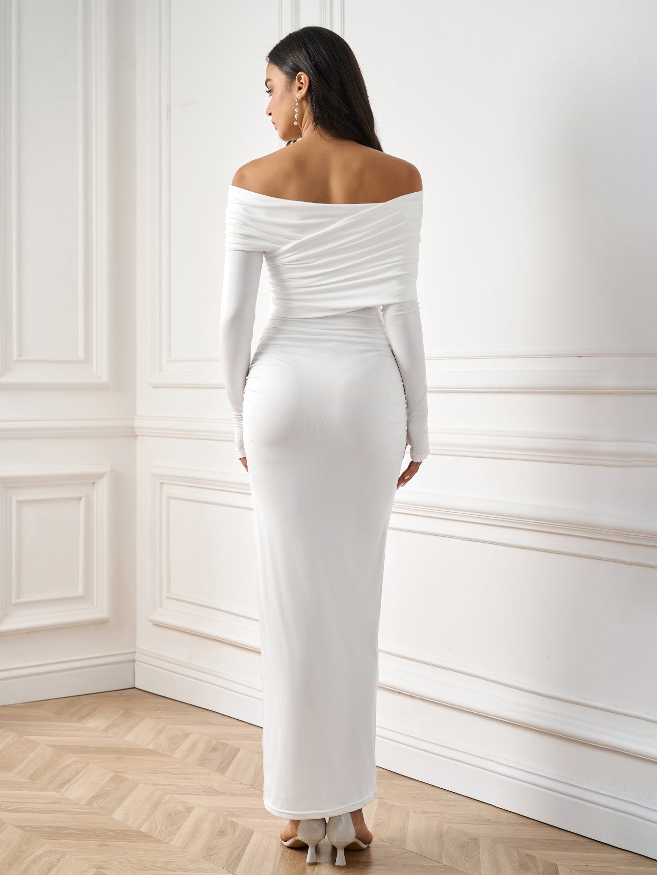 Sexy Solid One Shoulder Ruched Bodycon Maxi Dress