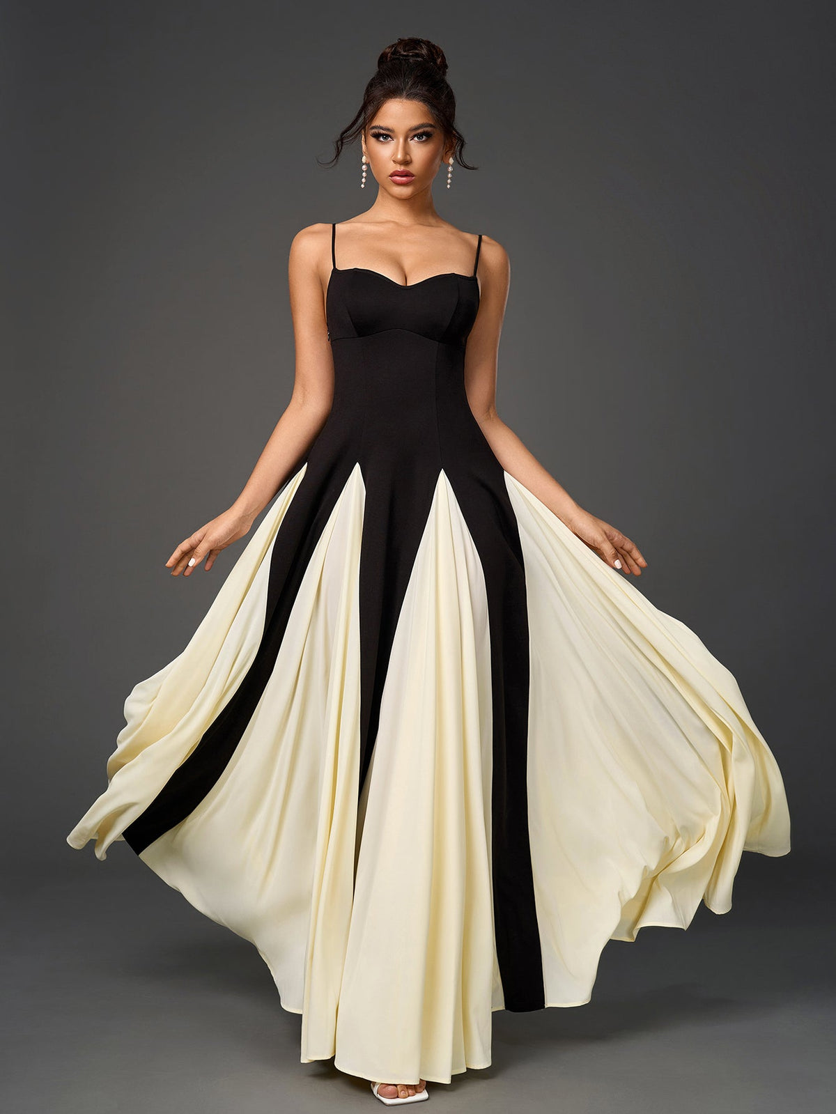 French Black and White Contrast Sleeveless Backless Slim Slip Dress