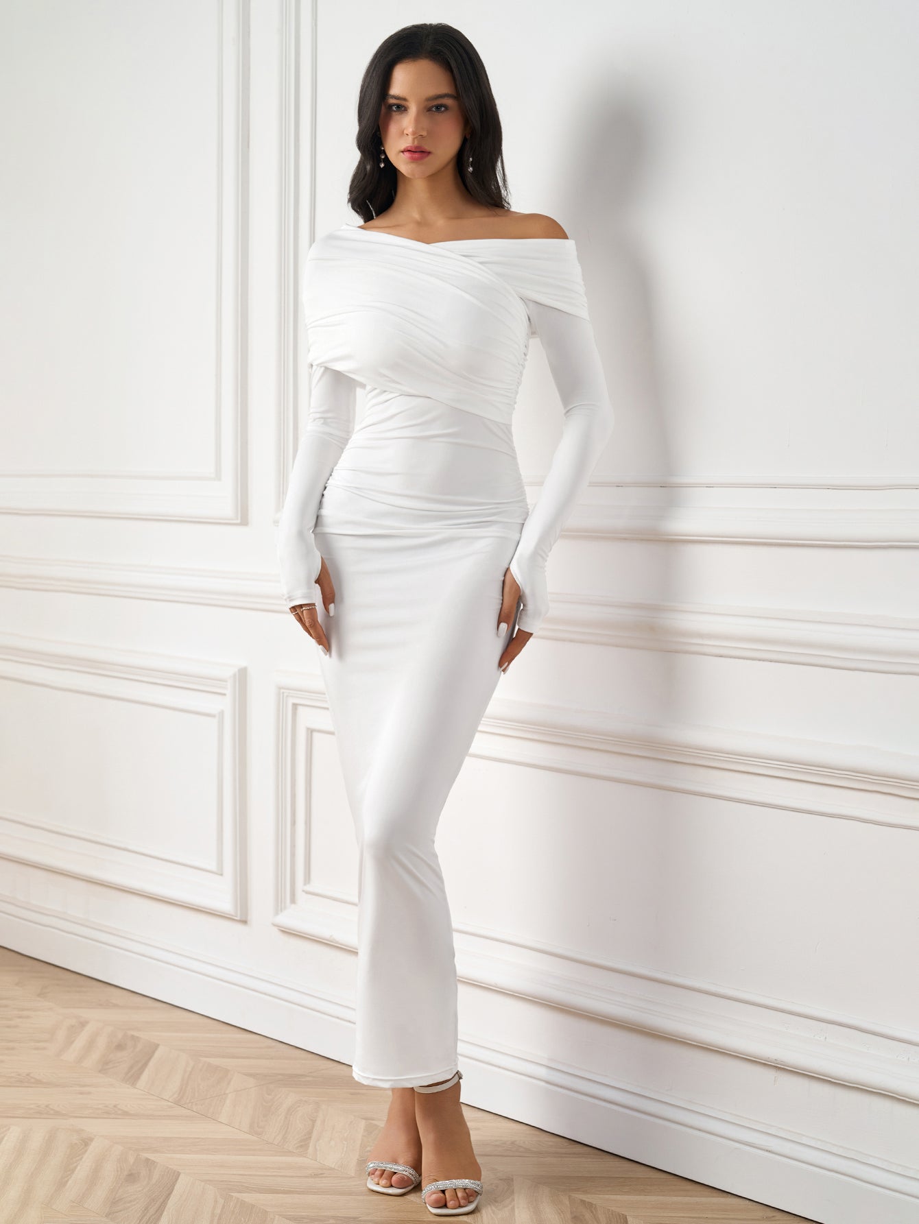 Sexy Solid One Shoulder Ruched Bodycon Maxi Dress