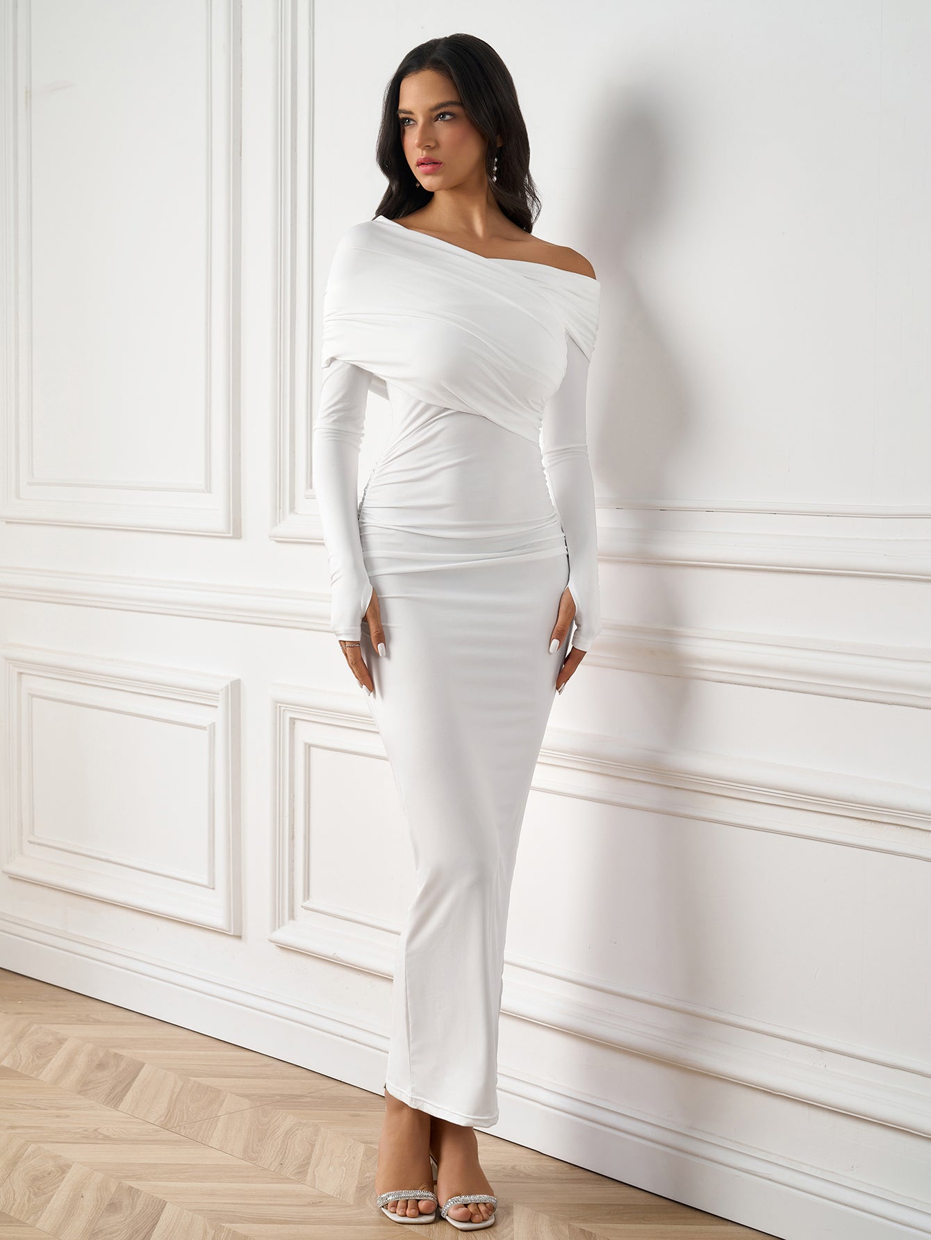 Sexy Solid One Shoulder Ruched Bodycon Maxi Dress