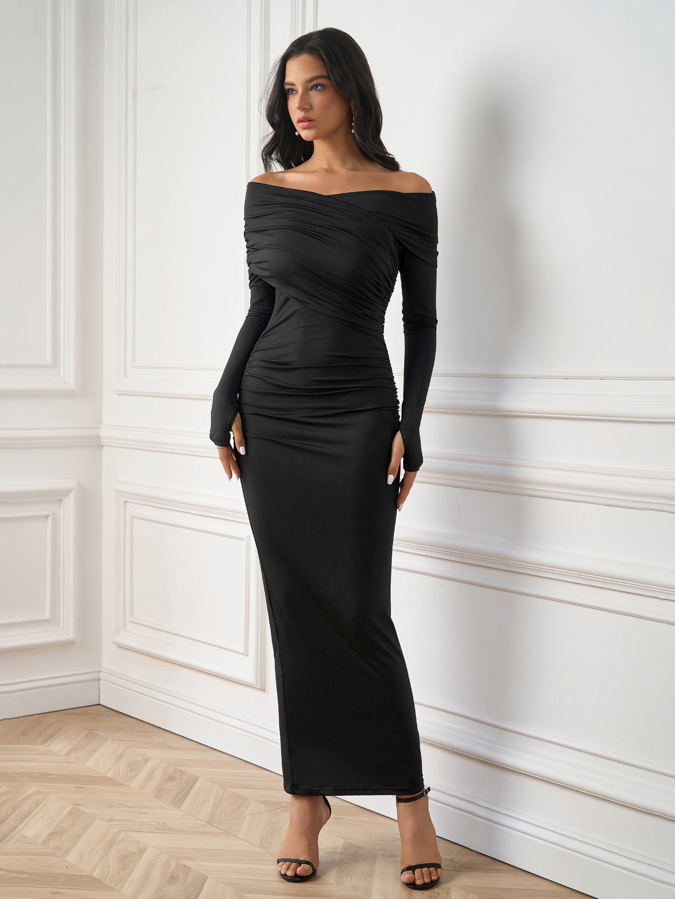 Sexy Solid One Shoulder Ruched Bodycon Maxi Dress