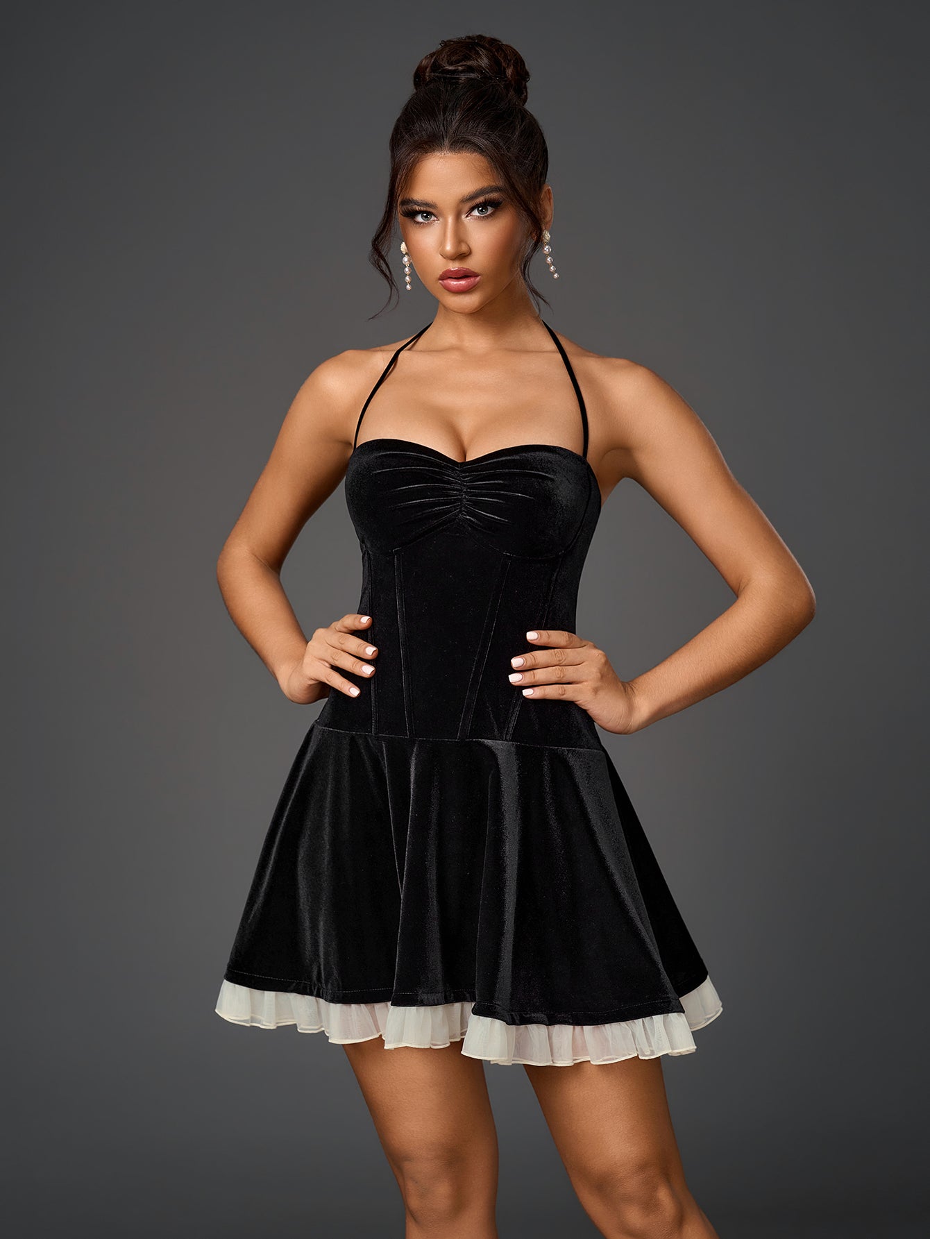 Vintage Velvet Halter Neck Bandeau Ruched Mini Dress