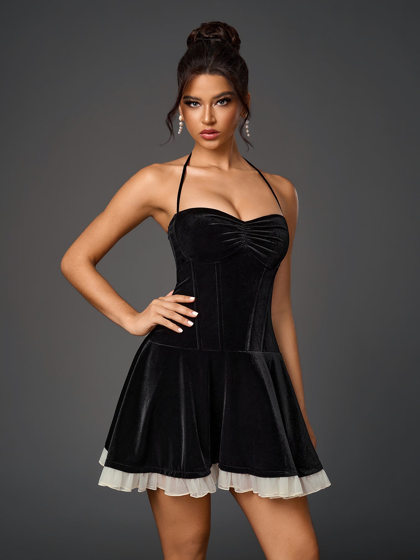 Vintage Velvet Halter Neck Bandeau Ruched Mini Dress