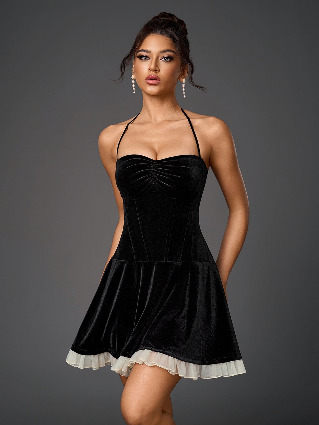 Vintage Velvet Halter Neck Bandeau Ruched Mini Dress