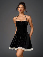 Vintage Velvet Halter Neck Bandeau Ruched Mini Dress