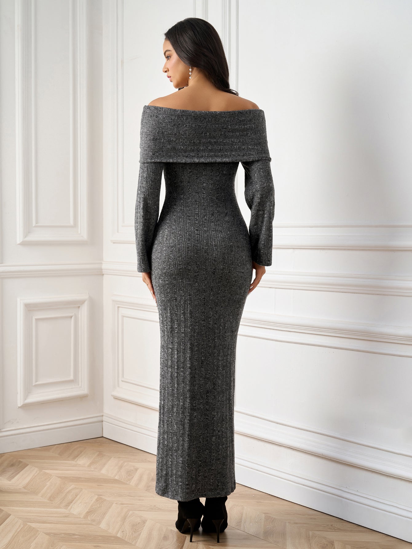 Temperament Solid Off-Shoulder Long-Sleeve Bodycon Maxi Dress