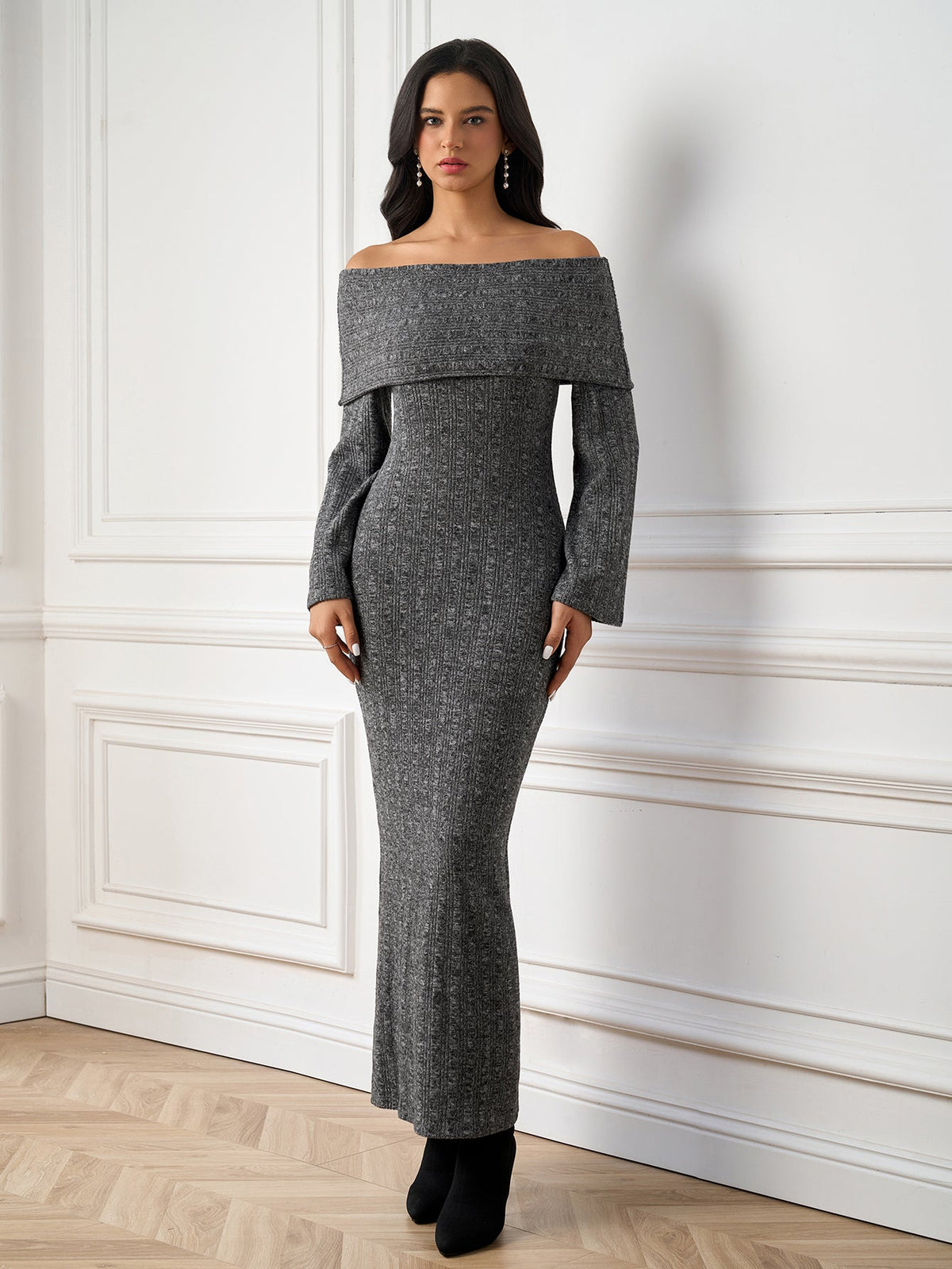 Temperament Solid Off-Shoulder Long-Sleeve Bodycon Maxi Dress
