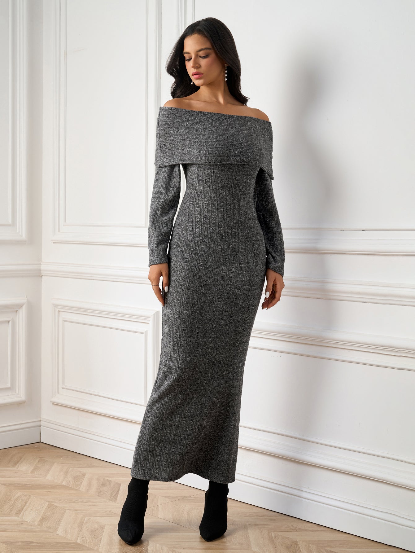 Temperament Solid Off-Shoulder Long-Sleeve Bodycon Maxi Dress
