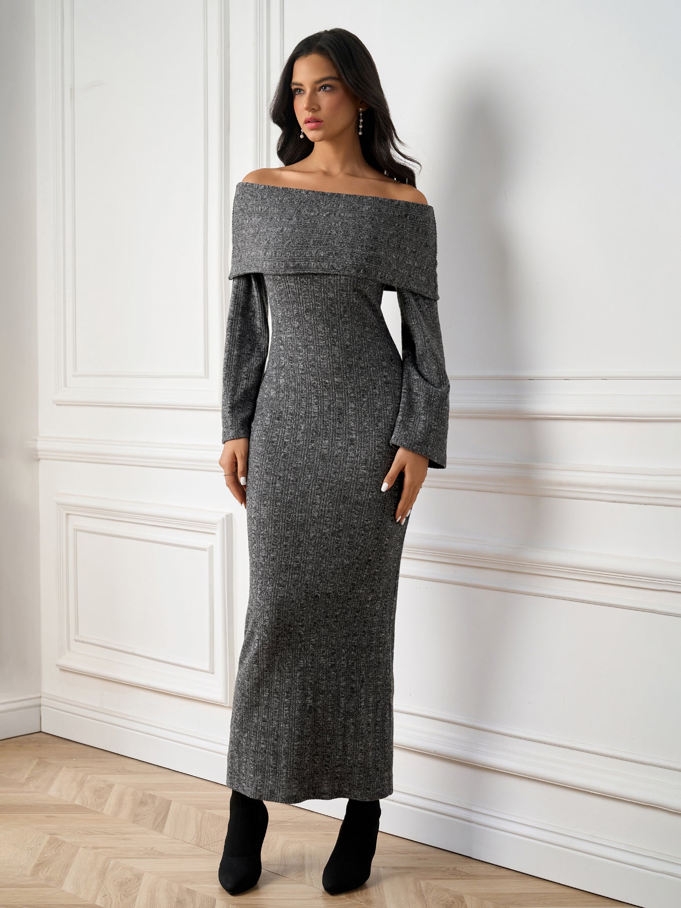 Temperament Solid Off-Shoulder Long-Sleeve Bodycon Maxi Dress