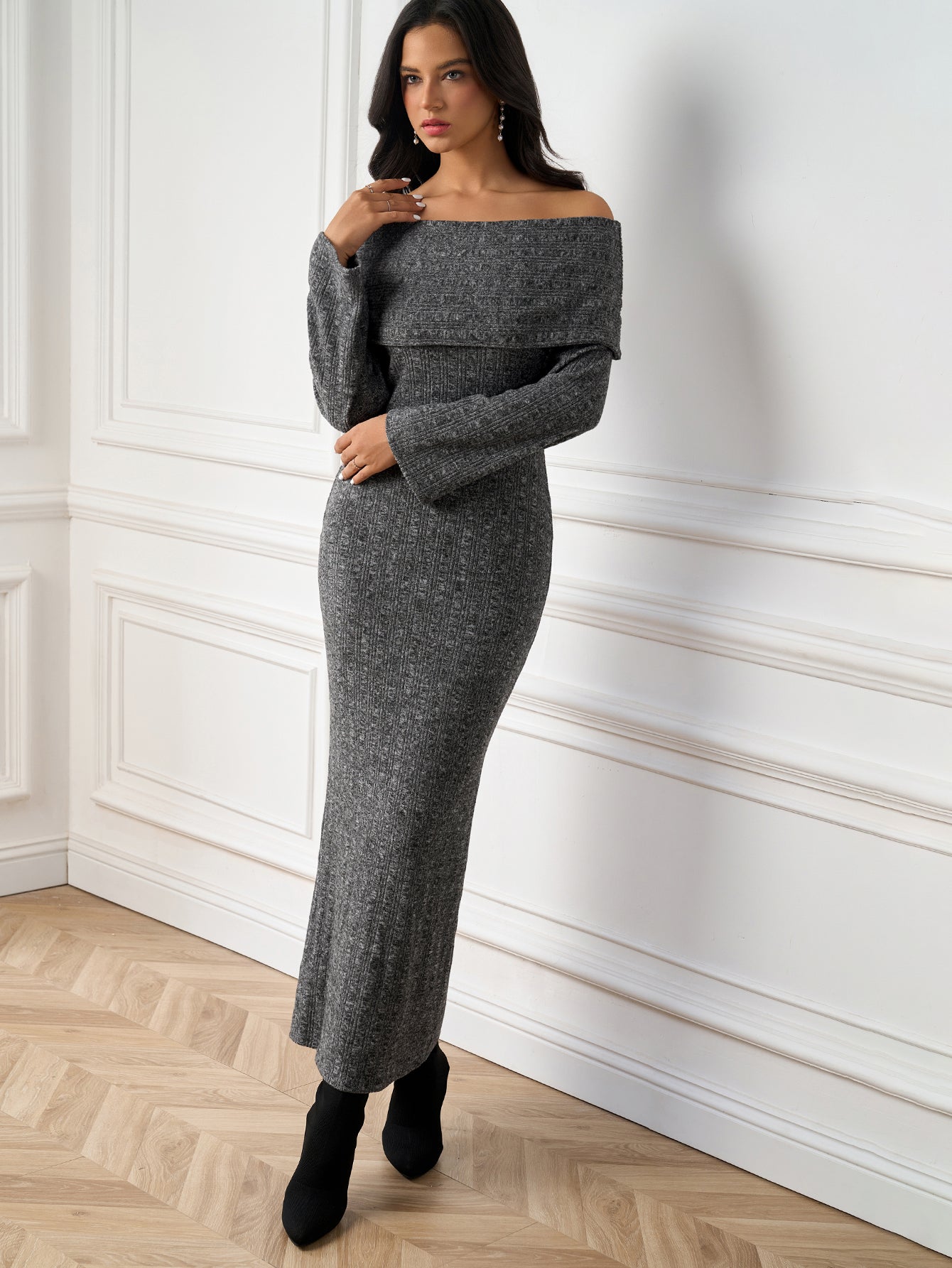 Temperament Solid Off-Shoulder Long-Sleeve Bodycon Maxi Dress