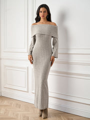Temperament Solid Off-Shoulder Long-Sleeve Bodycon Maxi Dress
