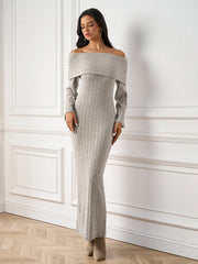 Temperament Solid Off-Shoulder Long-Sleeve Bodycon Maxi Dress