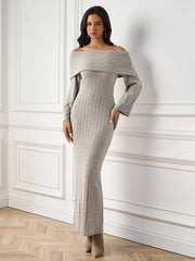 Temperament Solid Off-Shoulder Long-Sleeve Bodycon Maxi Dress