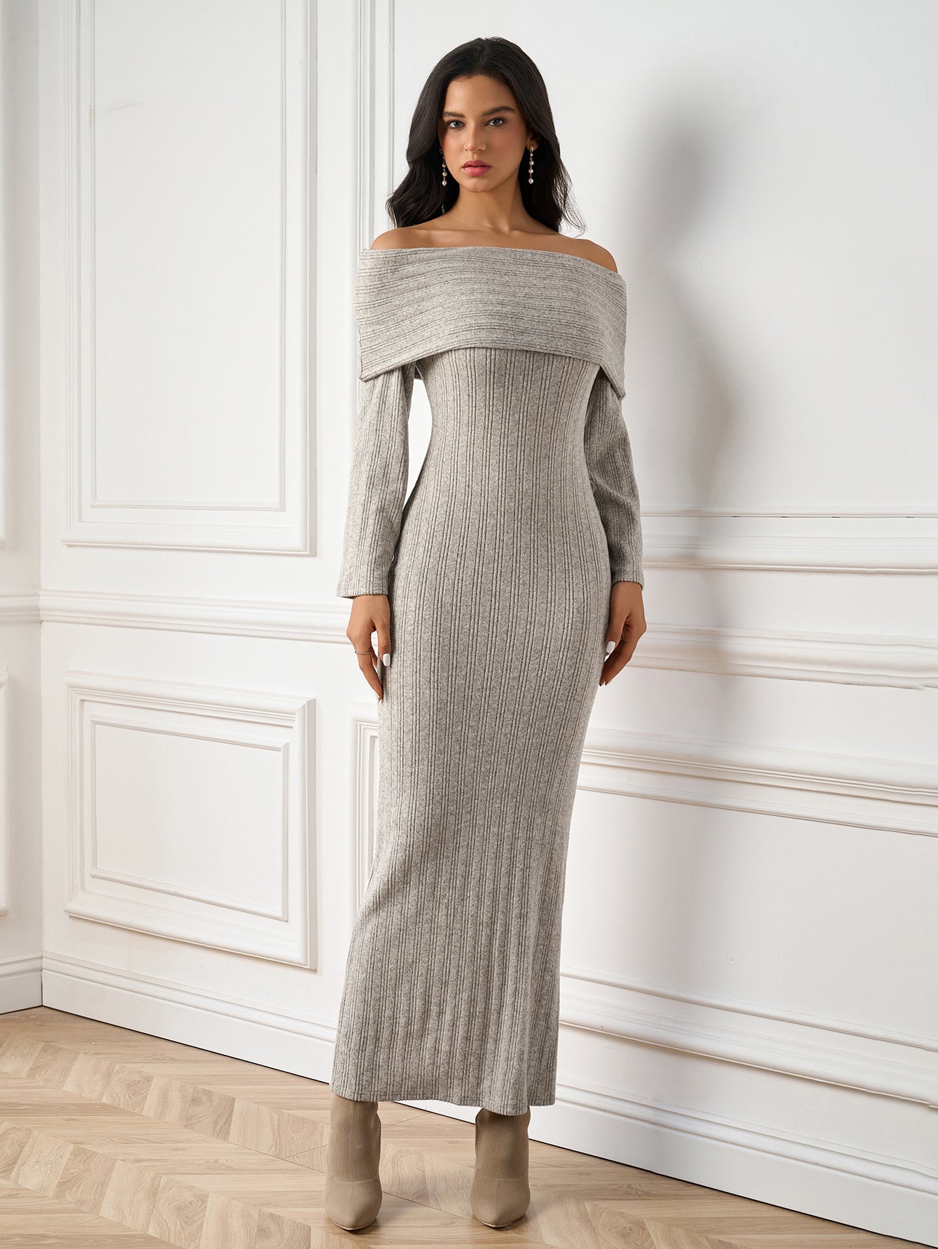 Temperament Solid Off-Shoulder Long-Sleeve Bodycon Maxi Dress