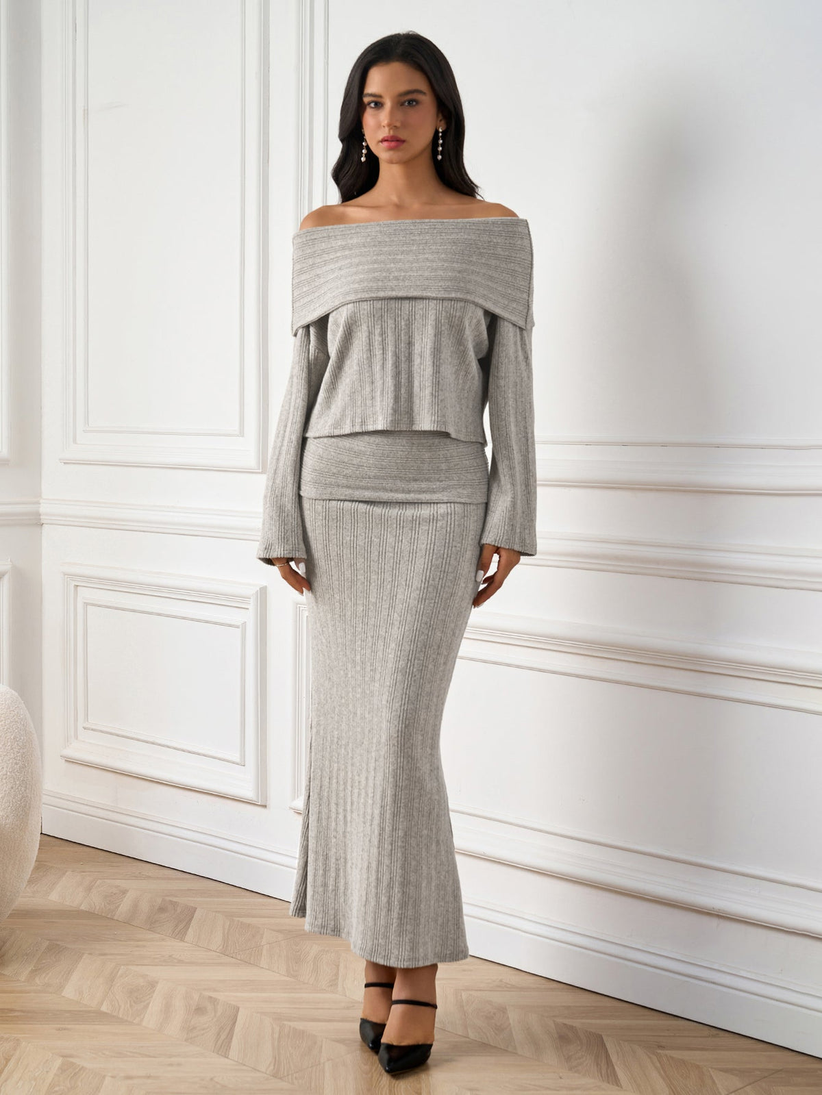 Elegant Off-Shoulder Solid Long-Sleeve Ruched Bodycon Maxi Dress