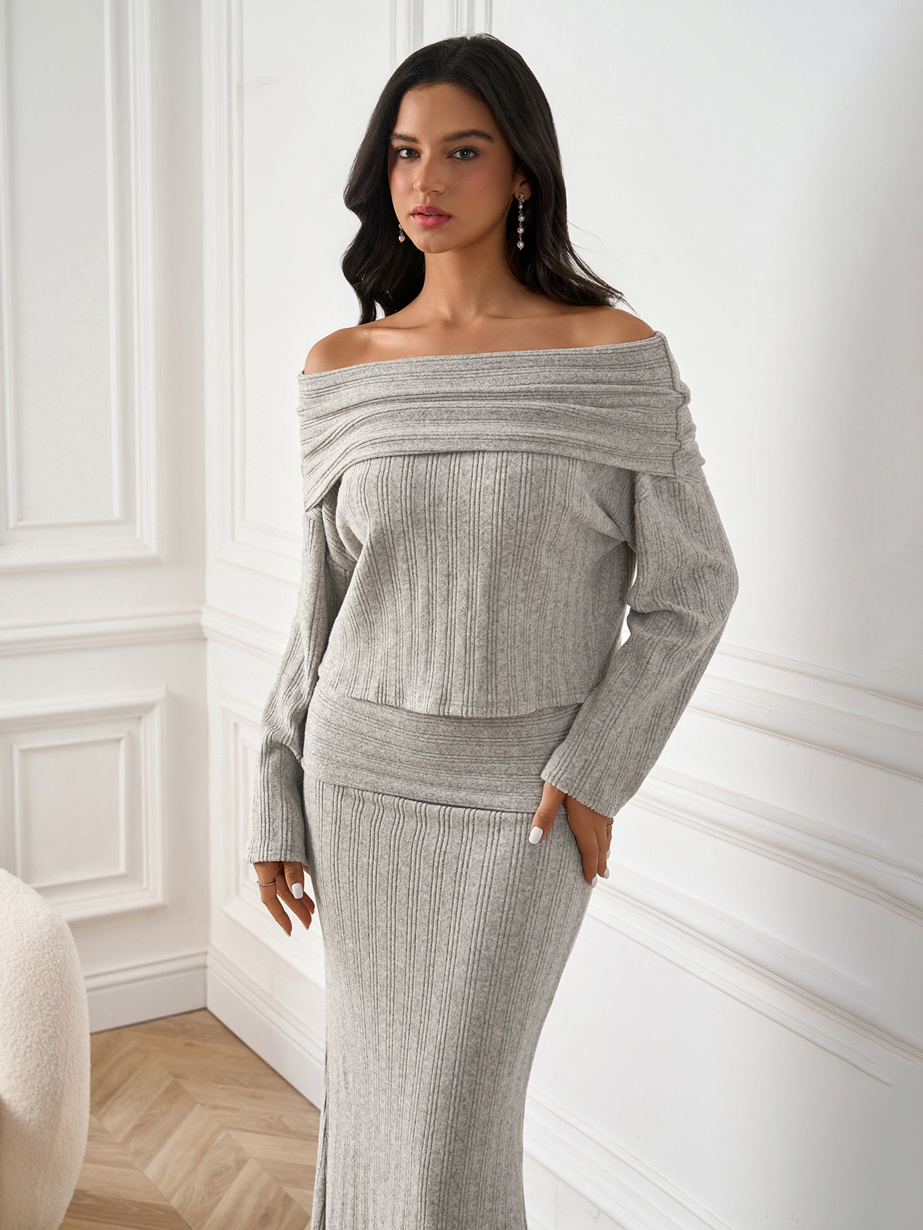 Elegant Off-Shoulder Solid Long-Sleeve Ruched Bodycon Maxi Dress
