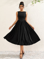 Elegant Solid Sleeveless Backless Ruched Midi Dress