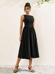 Elegant Solid Sleeveless Backless Ruched Midi Dress