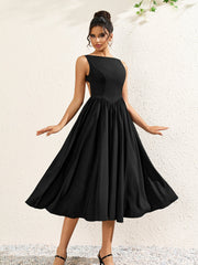 Elegant Solid Sleeveless Backless Ruched Midi Dress