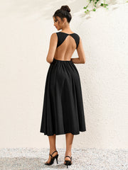 Elegant Solid Sleeveless Backless Ruched Midi Dress