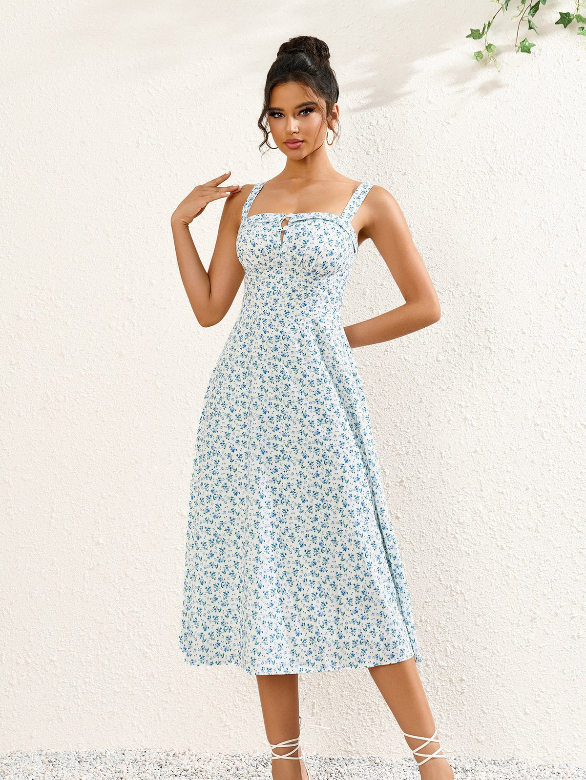 Sleek Sleeveless Backless Printed Ruched Midi Dress
